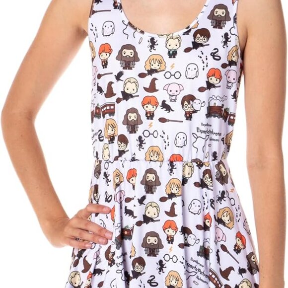 Dresses & Skirts - Harry Potter Women's Chibi Print Sleeveless A-line Skater Dress for Casual Wear